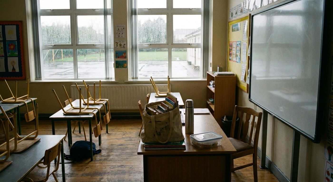 Pusta irlandzka klasa w sobotę z torbą pełną książek, termosem i pudełkiem kanapek na biurku